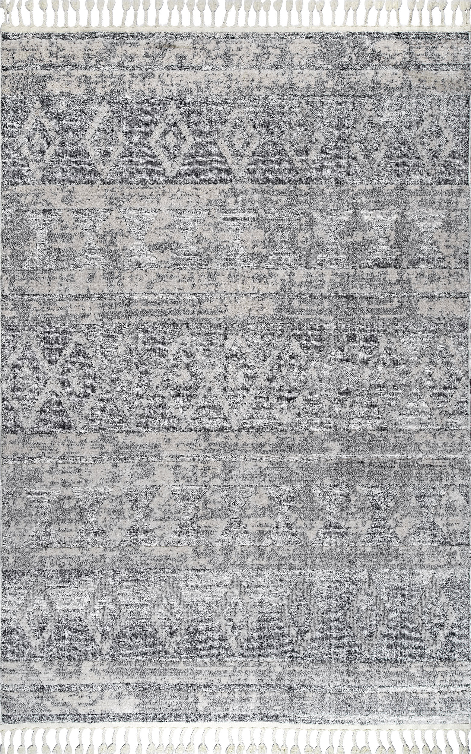 Shaggy Diamond Bands Tassel Rug | Grey