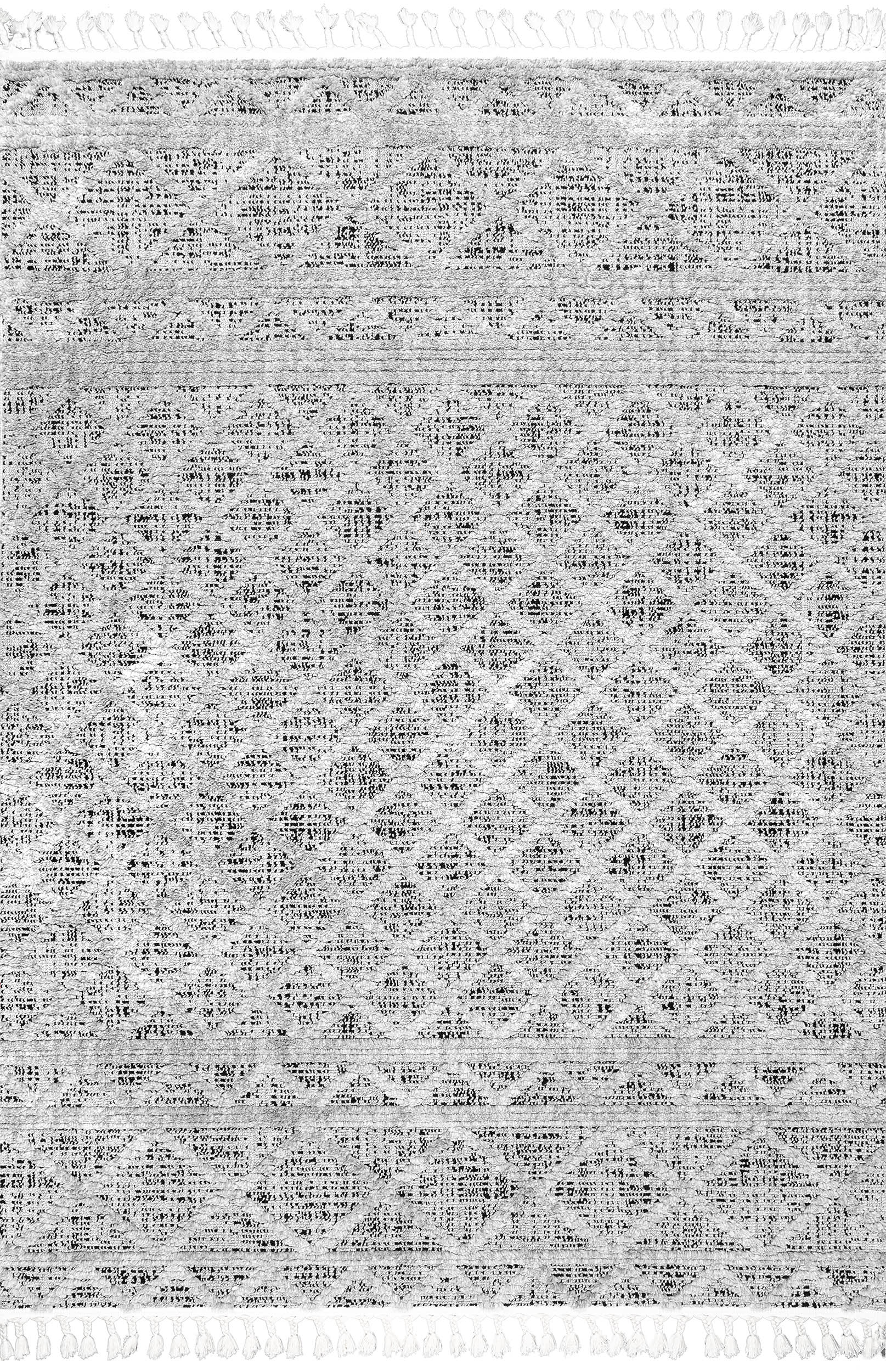 Modern Raised Lattice Tasseled Rug | Grey