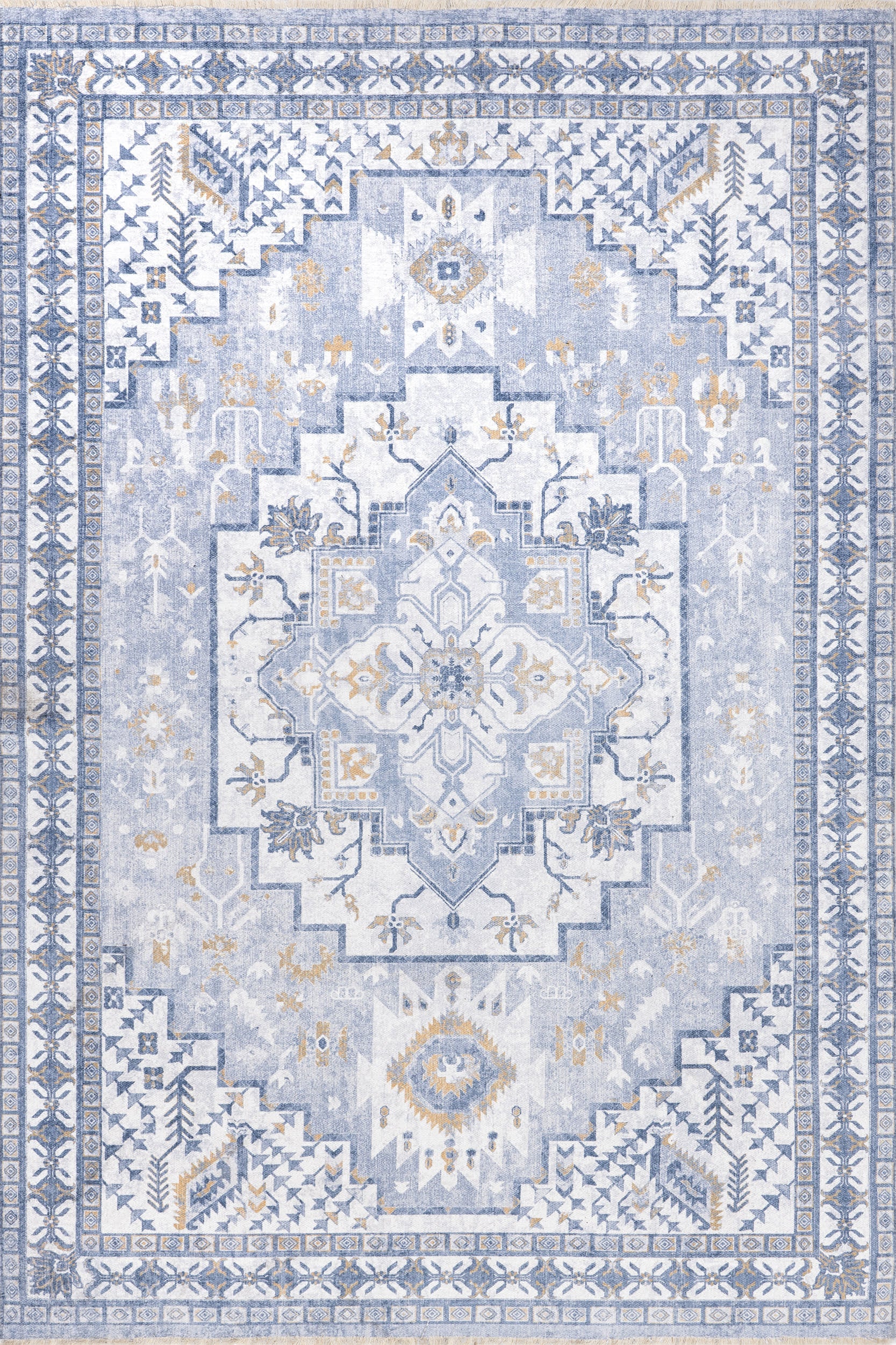 Mildred Fringed Vintage Medallion Washable Rug | Light Blue
